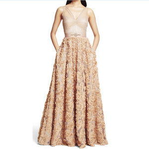 Adrianna Papell Beige Rosette Formal Ball Gown